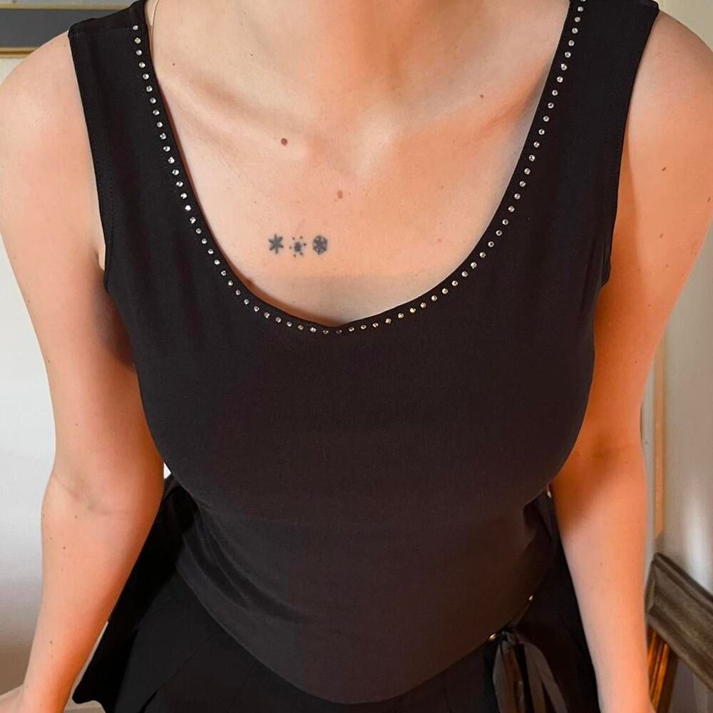 NWT Vintage Y2K Kleids Black Tank Top Rhinestone Trim Size S Scoop Neck